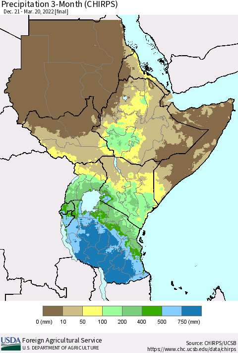 Eastern Africa Precipitation 3-Month (CHIRPS) Thematic Map For 12/21/2021 - 3/20/2022