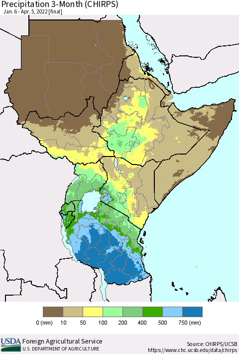 Eastern Africa Precipitation 3-Month (CHIRPS) Thematic Map For 1/6/2022 - 4/5/2022