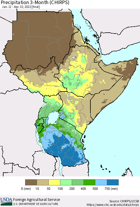Eastern Africa Precipitation 3-Month (CHIRPS) Thematic Map For 1/11/2022 - 4/10/2022