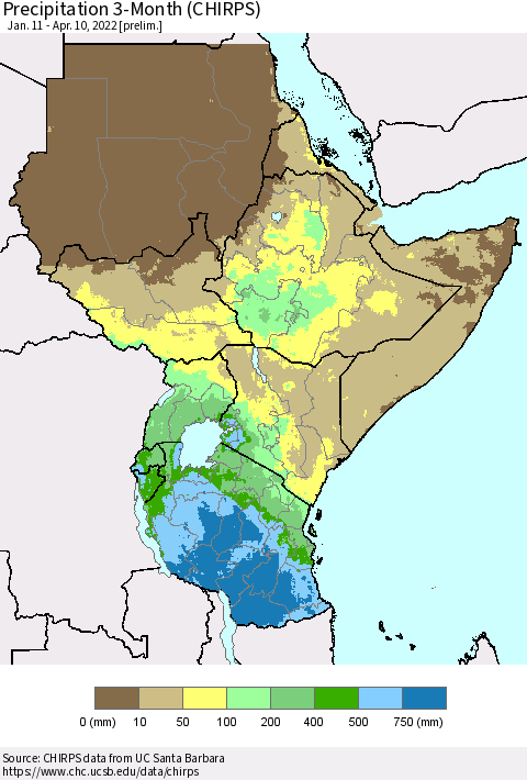 Eastern Africa Precipitation 3-Month (CHIRPS) Thematic Map For 1/11/2022 - 4/10/2022