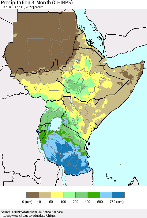 Eastern Africa Precipitation 3-Month (CHIRPS) Thematic Map For 1/16/2022 - 4/15/2022