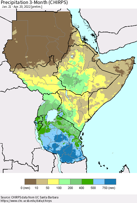 Eastern Africa Precipitation 3-Month (CHIRPS) Thematic Map For 1/21/2022 - 4/20/2022