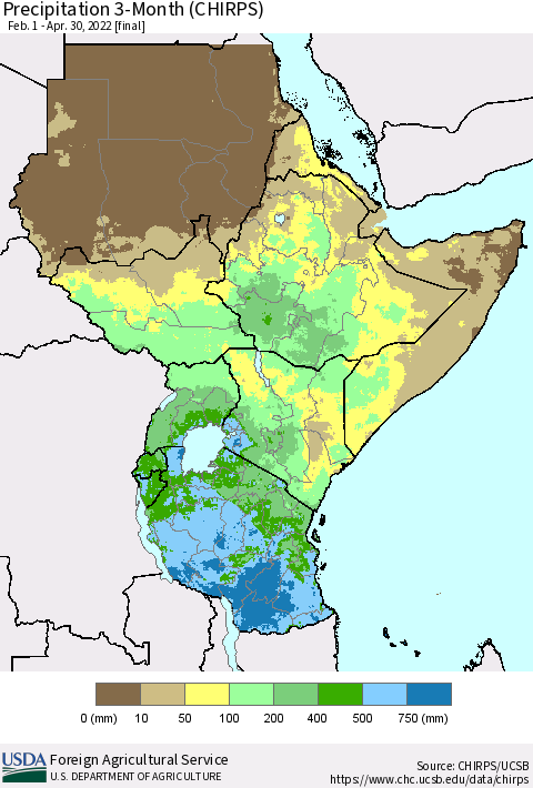 Eastern Africa Precipitation 3-Month (CHIRPS) Thematic Map For 2/1/2022 - 4/30/2022