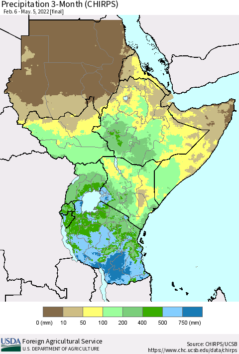 Eastern Africa Precipitation 3-Month (CHIRPS) Thematic Map For 2/6/2022 - 5/5/2022