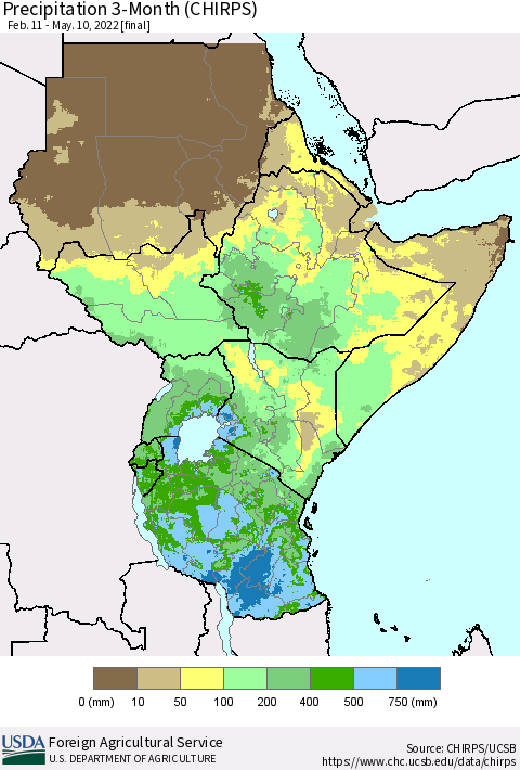 Eastern Africa Precipitation 3-Month (CHIRPS) Thematic Map For 2/11/2022 - 5/10/2022
