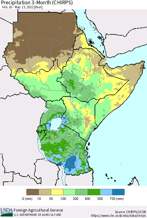 Eastern Africa Precipitation 3-Month (CHIRPS) Thematic Map For 2/16/2022 - 5/15/2022
