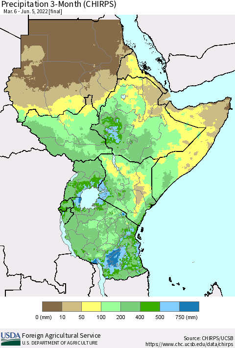 Eastern Africa Precipitation 3-Month (CHIRPS) Thematic Map For 3/6/2022 - 6/5/2022