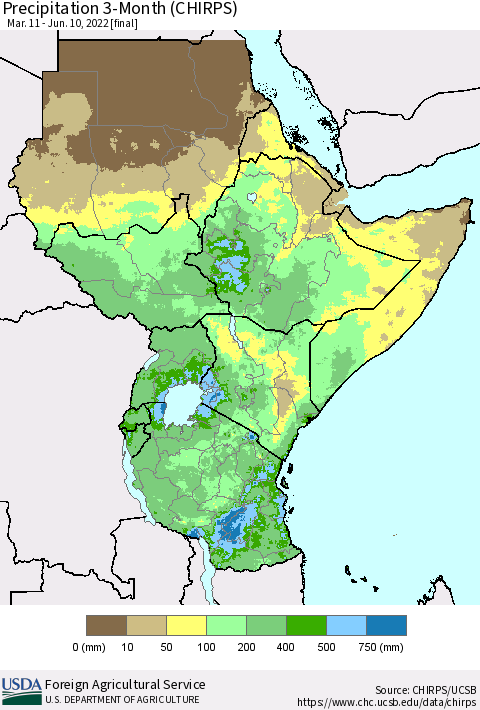 Eastern Africa Precipitation 3-Month (CHIRPS) Thematic Map For 3/11/2022 - 6/10/2022