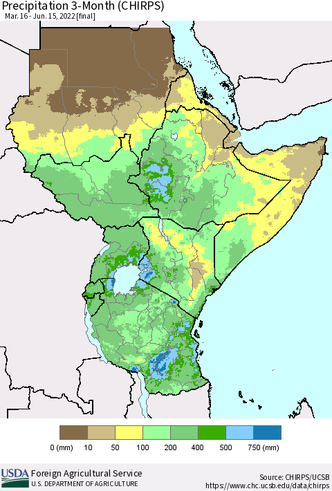 Eastern Africa Precipitation 3-Month (CHIRPS) Thematic Map For 3/16/2022 - 6/15/2022