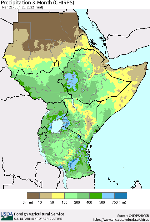 Eastern Africa Precipitation 3-Month (CHIRPS) Thematic Map For 3/21/2022 - 6/20/2022