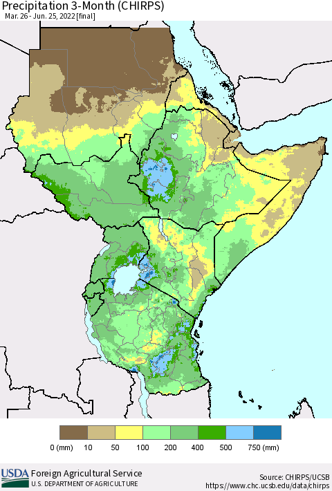 Eastern Africa Precipitation 3-Month (CHIRPS) Thematic Map For 3/26/2022 - 6/25/2022