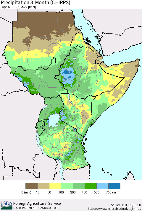 Eastern Africa Precipitation 3-Month (CHIRPS) Thematic Map For 4/6/2022 - 7/5/2022