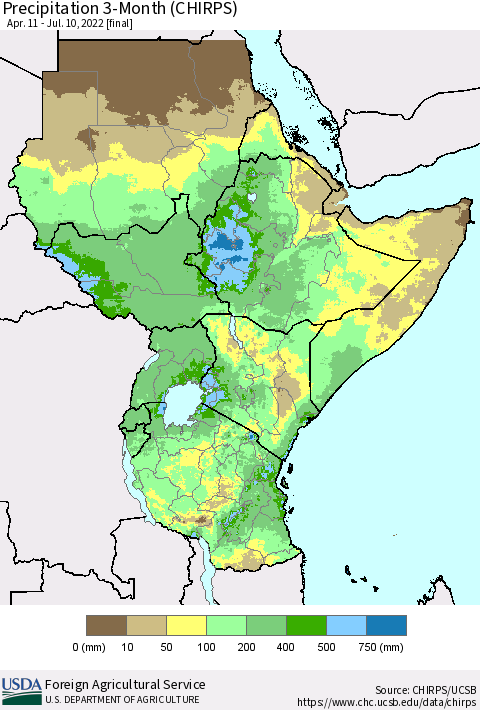 Eastern Africa Precipitation 3-Month (CHIRPS) Thematic Map For 4/11/2022 - 7/10/2022