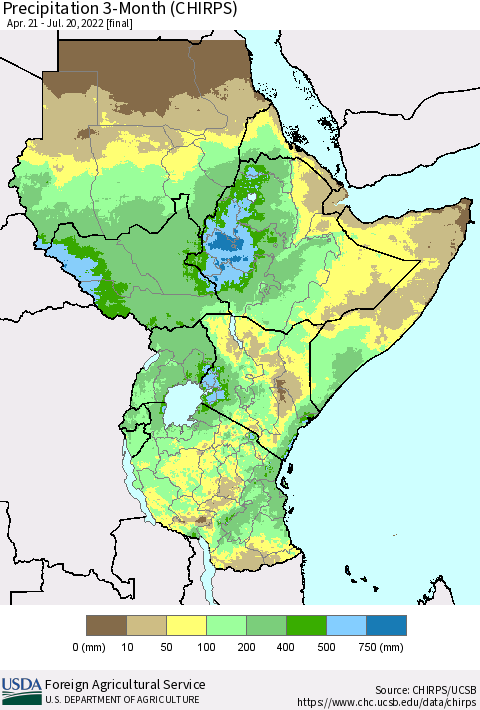 Eastern Africa Precipitation 3-Month (CHIRPS) Thematic Map For 4/21/2022 - 7/20/2022