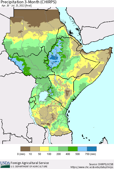 Eastern Africa Precipitation 3-Month (CHIRPS) Thematic Map For 4/26/2022 - 7/25/2022