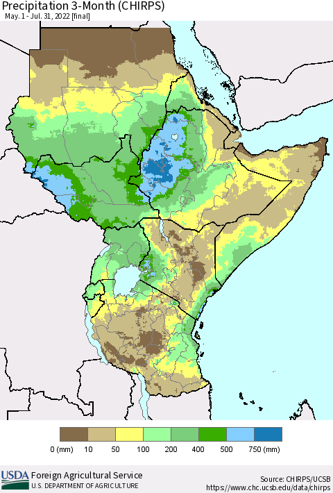 Eastern Africa Precipitation 3-Month (CHIRPS) Thematic Map For 5/1/2022 - 7/31/2022