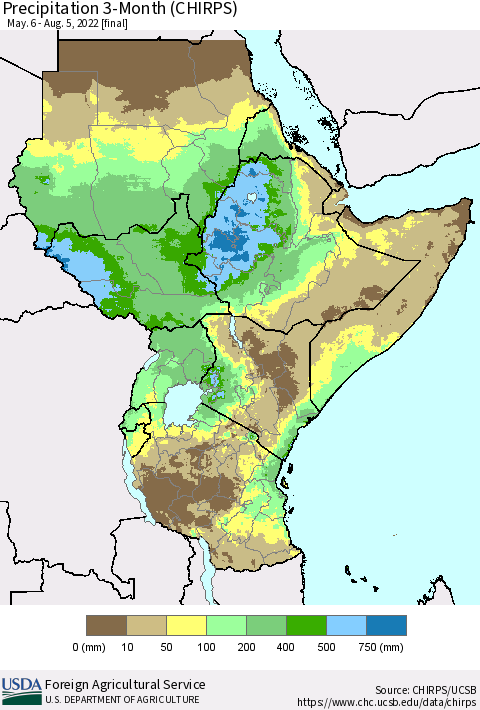 Eastern Africa Precipitation 3-Month (CHIRPS) Thematic Map For 5/6/2022 - 8/5/2022