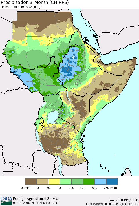 Eastern Africa Precipitation 3-Month (CHIRPS) Thematic Map For 5/11/2022 - 8/10/2022