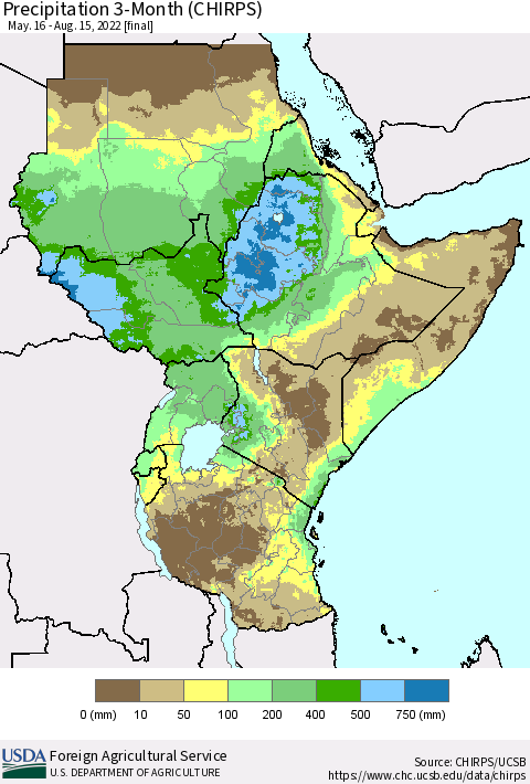 Eastern Africa Precipitation 3-Month (CHIRPS) Thematic Map For 5/16/2022 - 8/15/2022