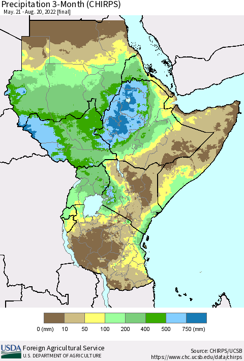 Eastern Africa Precipitation 3-Month (CHIRPS) Thematic Map For 5/21/2022 - 8/20/2022