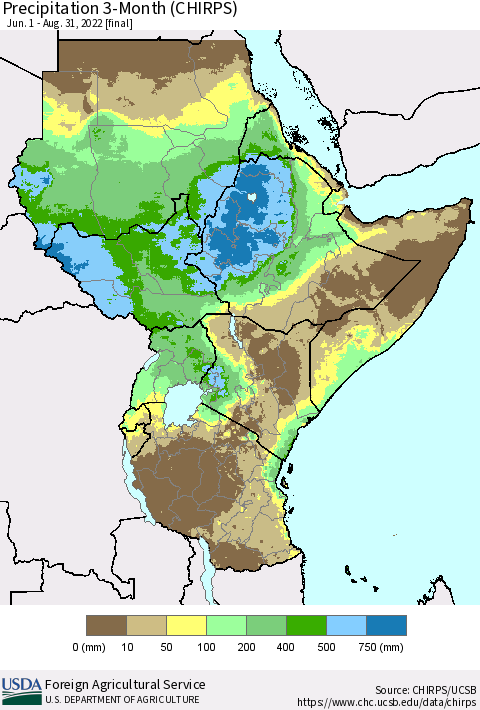 Eastern Africa Precipitation 3-Month (CHIRPS) Thematic Map For 6/1/2022 - 8/31/2022