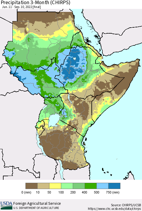 Eastern Africa Precipitation 3-Month (CHIRPS) Thematic Map For 6/11/2022 - 9/10/2022