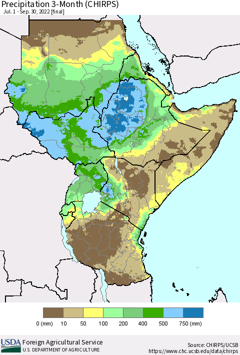 Eastern Africa Precipitation 3-Month (CHIRPS) Thematic Map For 7/1/2022 - 9/30/2022