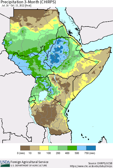 Eastern Africa Precipitation 3-Month (CHIRPS) Thematic Map For 7/16/2022 - 10/15/2022
