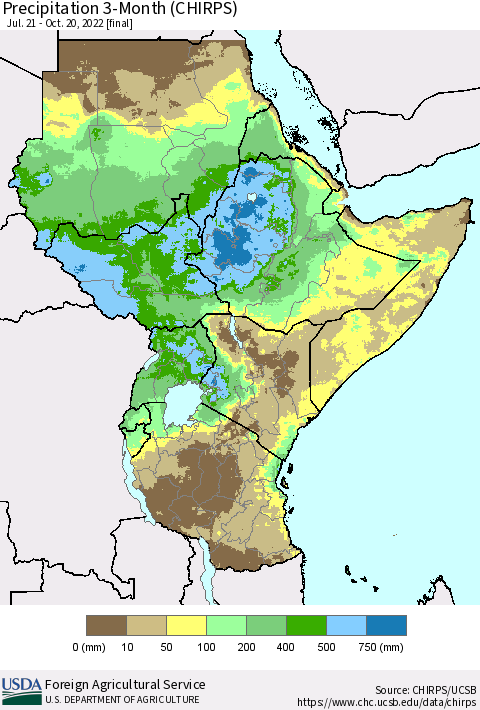 Eastern Africa Precipitation 3-Month (CHIRPS) Thematic Map For 7/21/2022 - 10/20/2022
