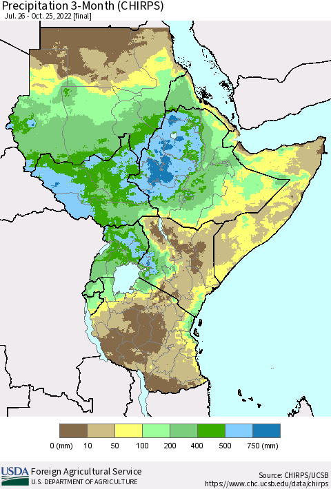 Eastern Africa Precipitation 3-Month (CHIRPS) Thematic Map For 7/26/2022 - 10/25/2022