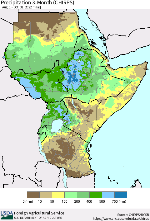Eastern Africa Precipitation 3-Month (CHIRPS) Thematic Map For 8/1/2022 - 10/31/2022