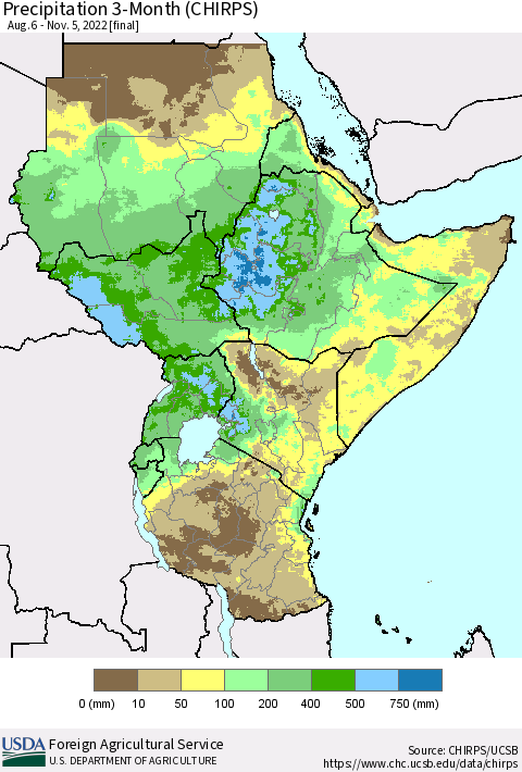 Eastern Africa Precipitation 3-Month (CHIRPS) Thematic Map For 8/6/2022 - 11/5/2022