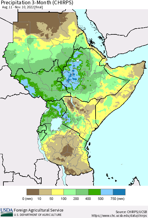 Eastern Africa Precipitation 3-Month (CHIRPS) Thematic Map For 8/11/2022 - 11/10/2022