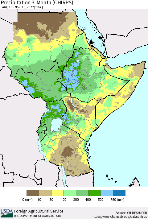 Eastern Africa Precipitation 3-Month (CHIRPS) Thematic Map For 8/16/2022 - 11/15/2022