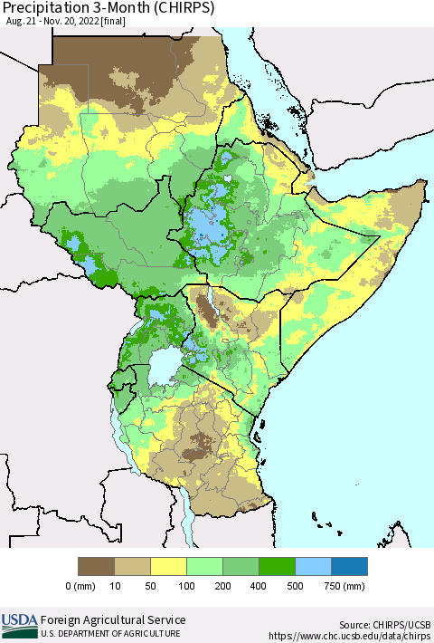 Eastern Africa Precipitation 3-Month (CHIRPS) Thematic Map For 8/21/2022 - 11/20/2022