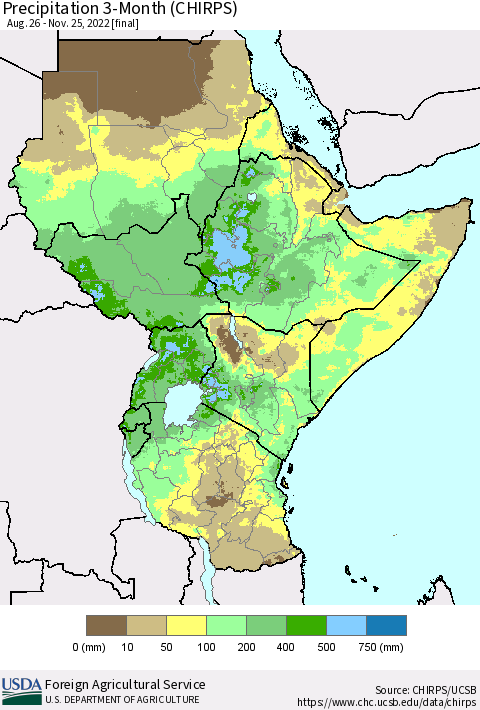 Eastern Africa Precipitation 3-Month (CHIRPS) Thematic Map For 8/26/2022 - 11/25/2022
