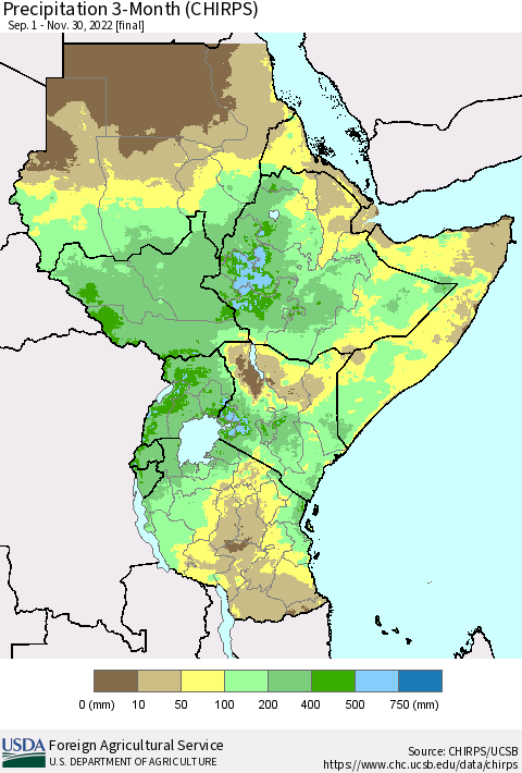 Eastern Africa Precipitation 3-Month (CHIRPS) Thematic Map For 9/1/2022 - 11/30/2022