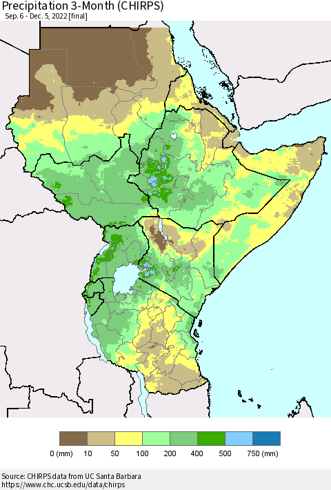 Eastern Africa Precipitation 3-Month (CHIRPS) Thematic Map For 9/6/2022 - 12/5/2022