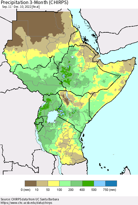 Eastern Africa Precipitation 3-Month (CHIRPS) Thematic Map For 9/11/2022 - 12/10/2022