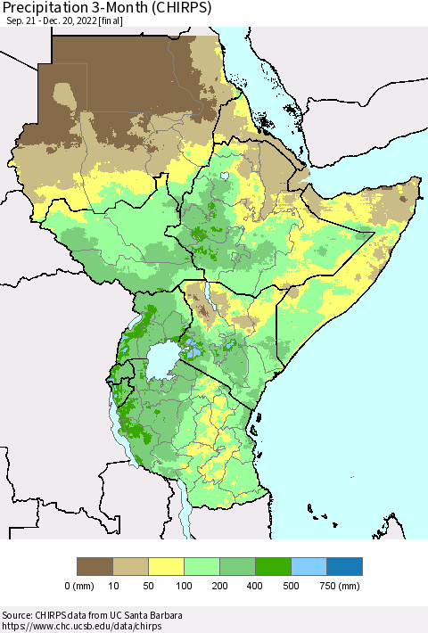 Eastern Africa Precipitation 3-Month (CHIRPS) Thematic Map For 9/21/2022 - 12/20/2022