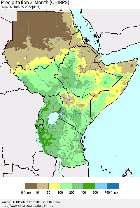 Eastern Africa Precipitation 3-Month (CHIRPS) Thematic Map For 9/26/2022 - 12/25/2022