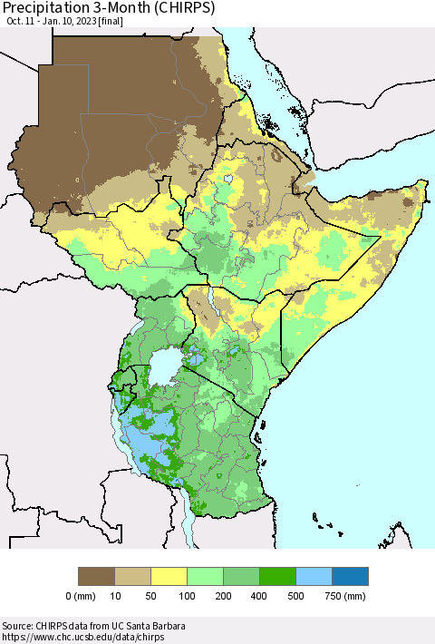 Eastern Africa Precipitation 3-Month (CHIRPS) Thematic Map For 10/11/2022 - 1/10/2023