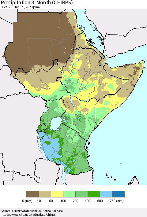 Eastern Africa Precipitation 3-Month (CHIRPS) Thematic Map For 10/21/2022 - 1/20/2023