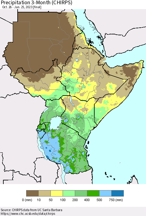 Eastern Africa Precipitation 3-Month (CHIRPS) Thematic Map For 10/26/2022 - 1/25/2023