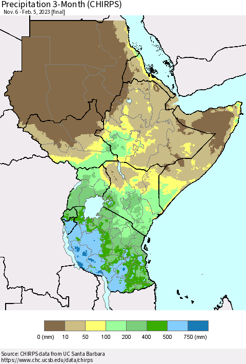 Eastern Africa Precipitation 3-Month (CHIRPS) Thematic Map For 11/6/2022 - 2/5/2023
