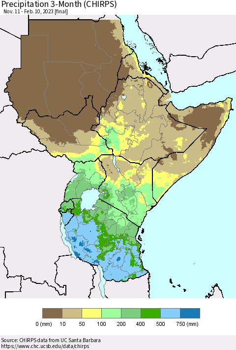 Eastern Africa Precipitation 3-Month (CHIRPS) Thematic Map For 11/11/2022 - 2/10/2023