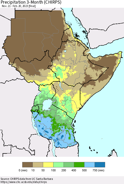 Eastern Africa Precipitation 3-Month (CHIRPS) Thematic Map For 11/21/2022 - 2/20/2023