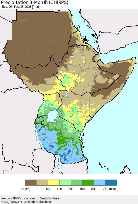 Eastern Africa Precipitation 3-Month (CHIRPS) Thematic Map For 11/26/2022 - 2/25/2023