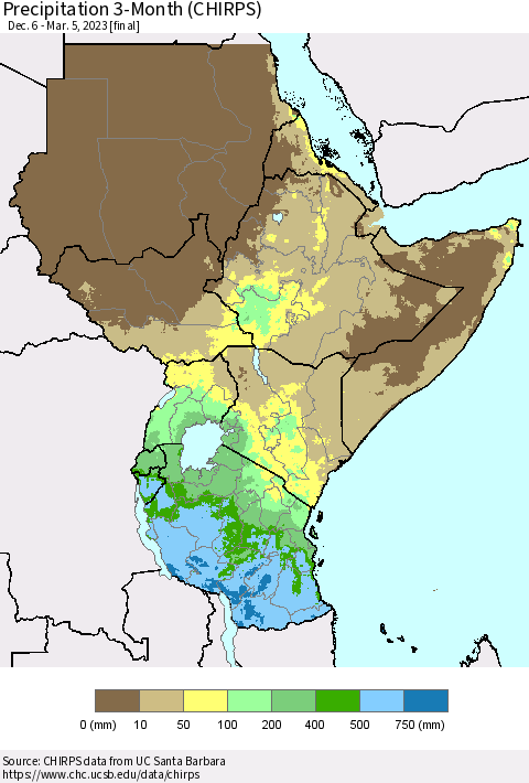 Eastern Africa Precipitation 3-Month (CHIRPS) Thematic Map For 12/6/2022 - 3/5/2023