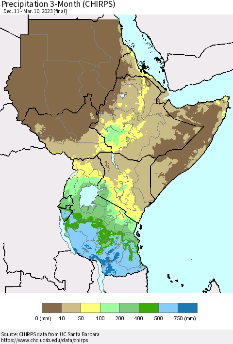Eastern Africa Precipitation 3-Month (CHIRPS) Thematic Map For 12/11/2022 - 3/10/2023
